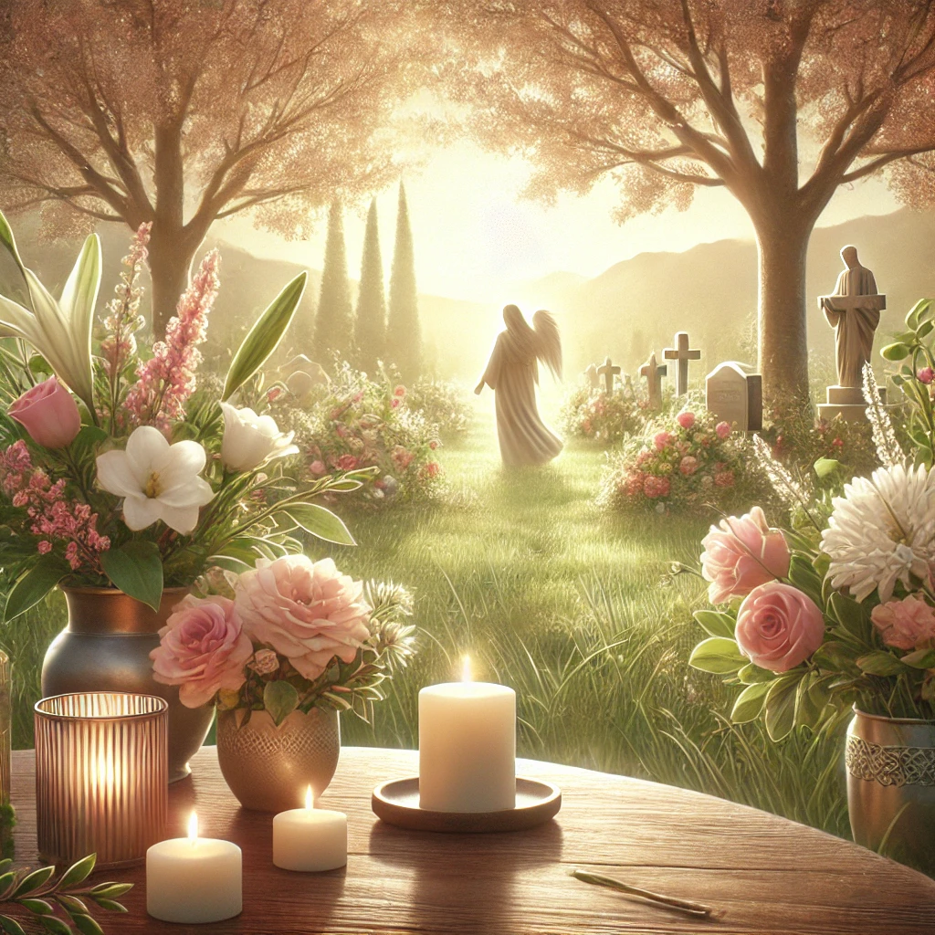 A serene and heartfelt tribute image for an obituary honoring Janey Thompson, a beloved woman from Charlotte, NC. Capture a peaceful, natural setting with flowers in bloom, reminiscent of a well-tended garden. In the background, include subtle imagery symbolizing community support, such as candles or supportive figures. The scene should evoke warmth, love, and remembrance, with soft, natural lighting to create a comforting and respectful atmosphere.